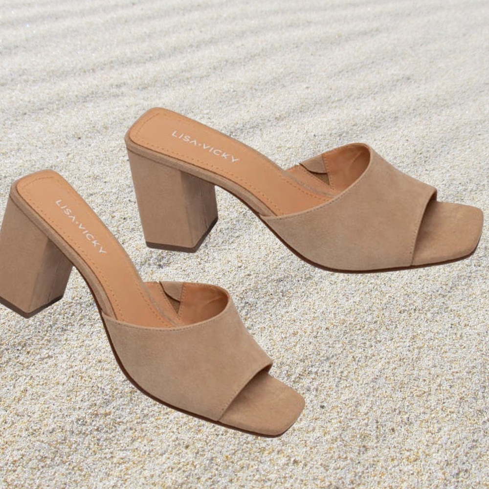 Size 9 Nude / Tan Suede Block Heel Mules - Nordstrom- Lisa Vicky
